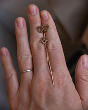 Pair of Antique 14k 0.41 CTW Seed Pearl Stick Pins with Sentimental Twin Heart & Lover's Knot Motifs