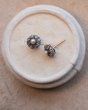 Victorian 14k Rose Gold & Sterling 1.18 CTW Rose Cut Diamond & Button Pearl Floral Cluster Earrings