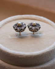 Victorian 14k Rose Gold & Sterling 1.18 CTW Rose Cut Diamond & Button Pearl Floral Cluster Earrings