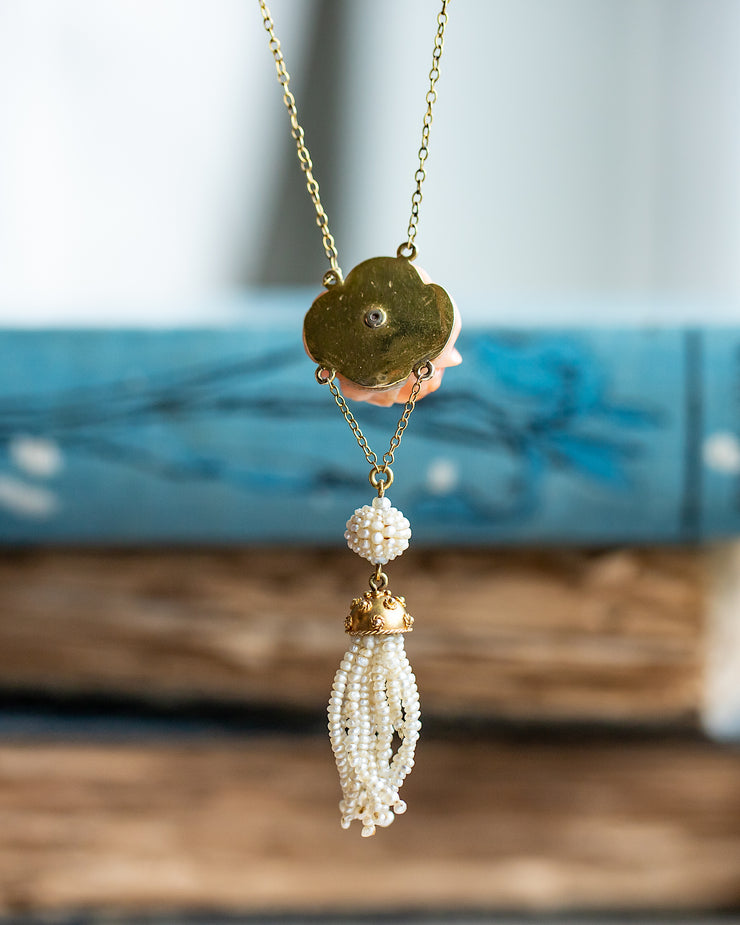 Antique 14k-18k 33.24 CTW Old European Cut Diamond, Coral Rosebud & Seed Pearl Tassel Lariat Necklace