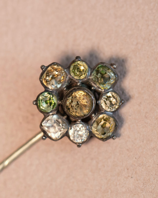 Georgian 2.71 CTW Crystal Quartz Black Dot Foiled Floral Cluster Stick Pin