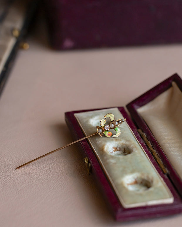 Victorian 12k 0.11 CTW Pearl & Old Cut Paste Fleur-de-Lis Stick Pin with Guilloché Enamel