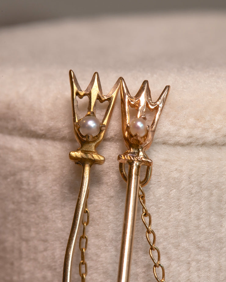 Pair of Vintage 10k 0.40 CTW ΔΔΔ Crescent, Star & Trident Stick Pin Brooches for Tri Delta Sorority