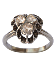 Georgian 14k & Silver 0.42 CTW Rose Cut Foiled Diamond Heart Trilogy Ring with Cut Down Crimped Collets